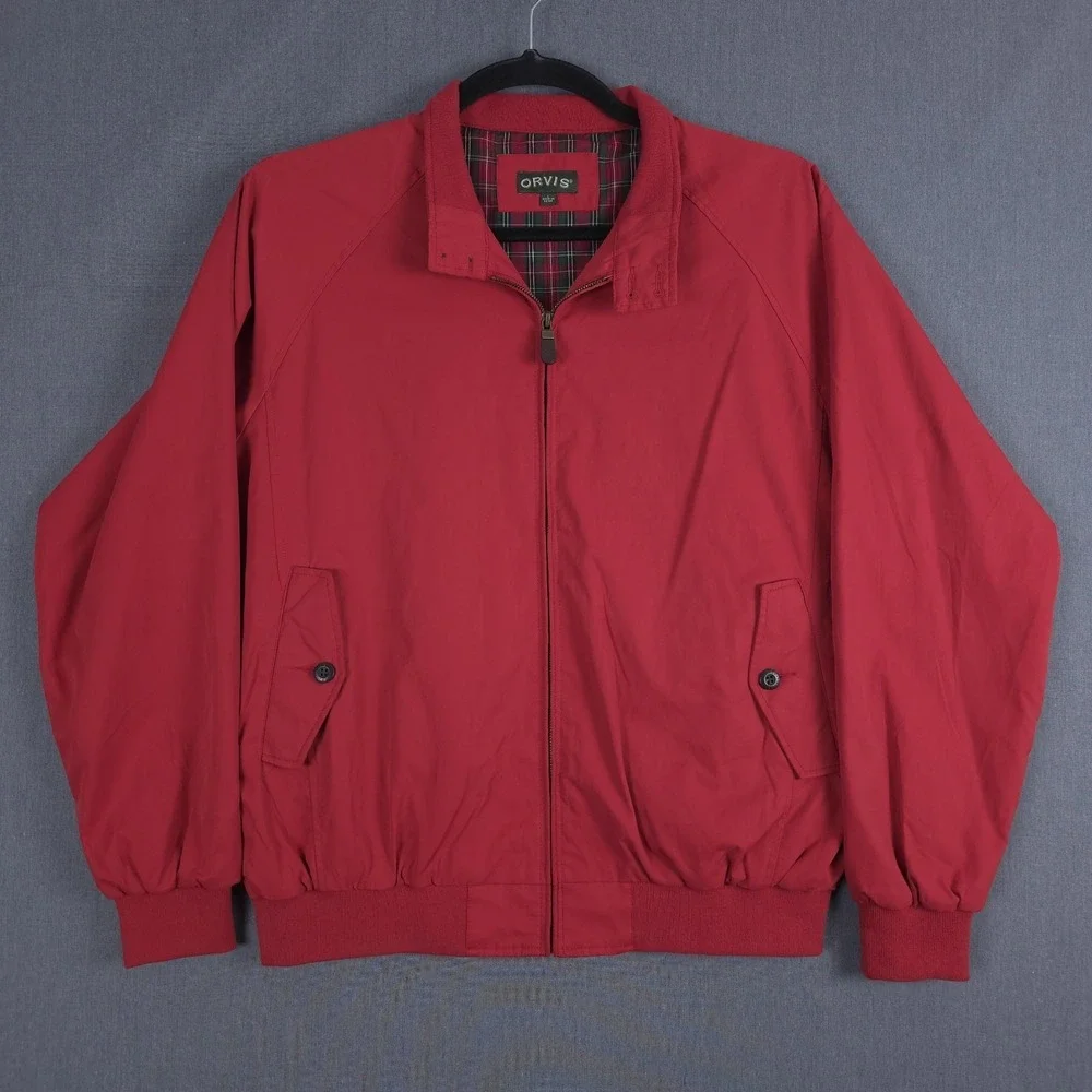 Orvis Bomber Jacket Mens Large Red Full Zip Chin Strap Plaid Lined Windbreaker